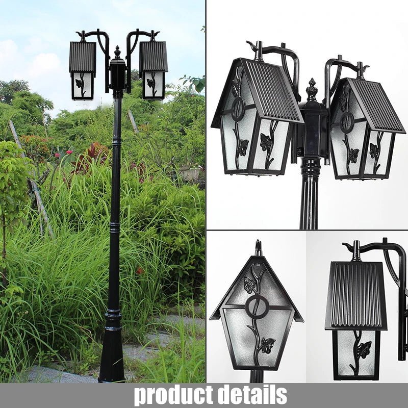 Lampadaire extérieur or noir deux lanternes classique décoration florale métal apparent IP65 LED adaptableextérieur