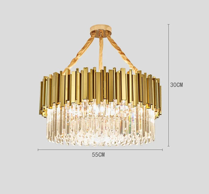 Suspension lumineuse moderne dorée pendants transparents barres rayonnantes salon élégant