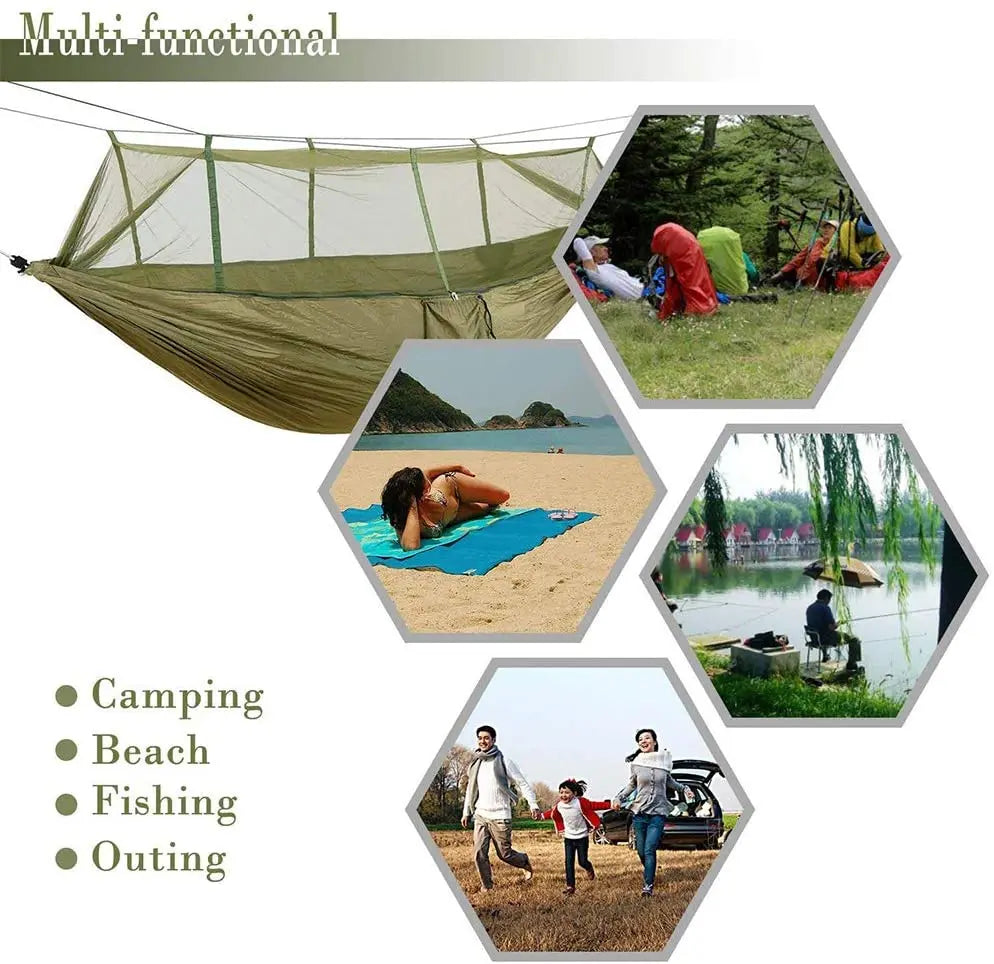 hamac vert olive pratique moustiquaire cordelettes carabiners sac rangementextérieur léger camping