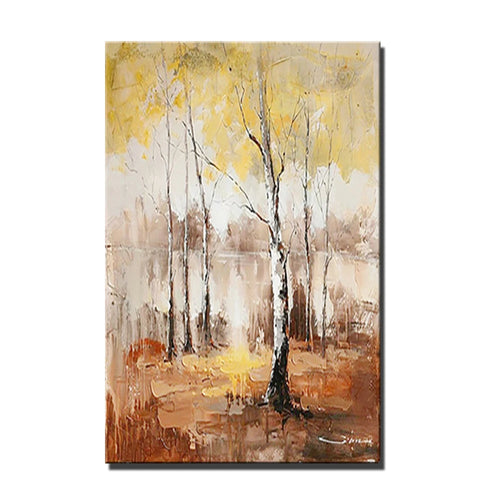 grand tableau peinture l'huile paysage arbres abstrait moderne toile cadre doré