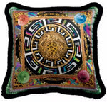coussin décoratif motif léopard imprimé bordure frangée animalier coton polyester bleu jaune marron
