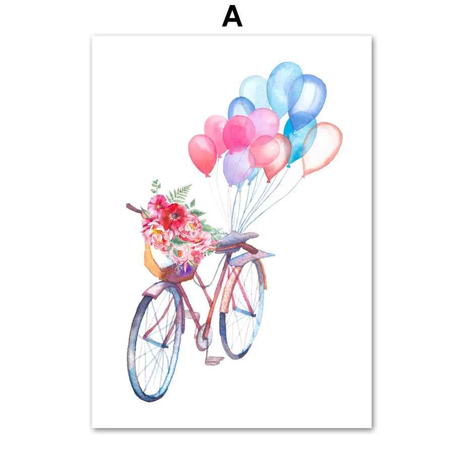 Un vélo vintage transporte un panier rempli de fleurs colorées et de ballons multicolores, créant une image festive et joyeuse.