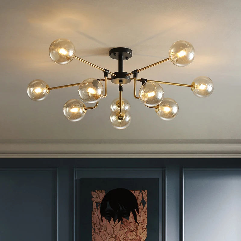 lampe suspension moderne sphères translucides structure dorée salon blanc nordique