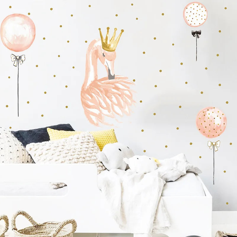 sticker mural flamant rose couronne ballons illustrative décorative adhésive animaux chambre enfantDecorationMurBlancDore