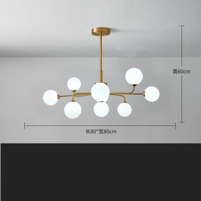 suspension lumineuse moderne or blanc sphères translucides structure métallique interrupteur tactile led