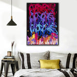 Toile abstraite contemporaine rouge violet bleu jaune noir coulures fluides sans cadre