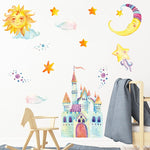 sticker mural dessin animé château soleil lune enfant decoratif adhesif multicolore chambre enfants