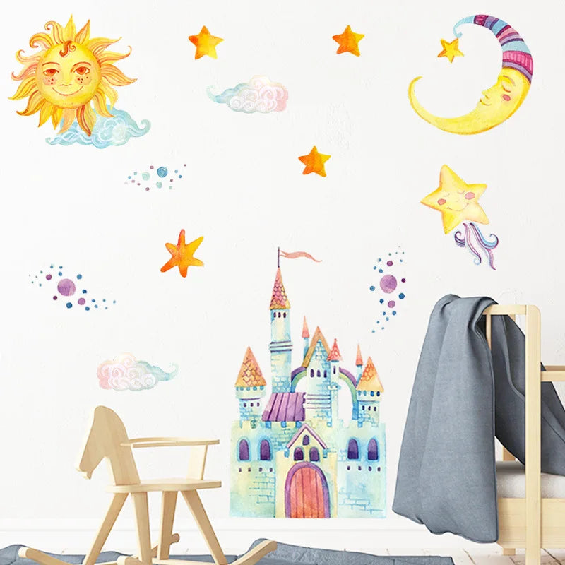 sticker mural dessin animé château soleil lune enfant decoratif adhesif multicolore chambre enfants