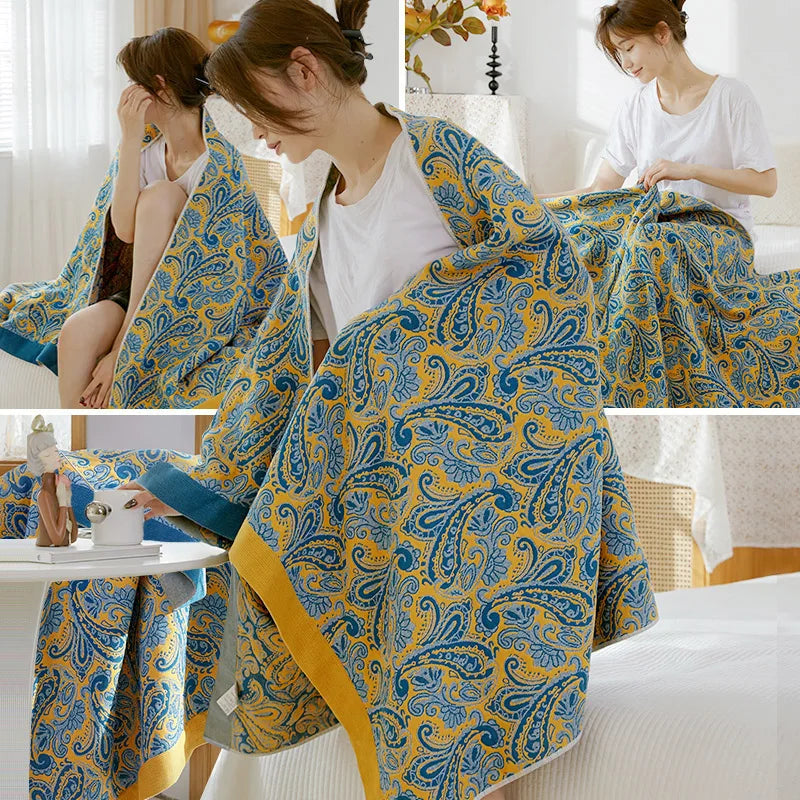 serviette bain coton absorbante rapide douce fleur bleu moderne grande enveloppante maison