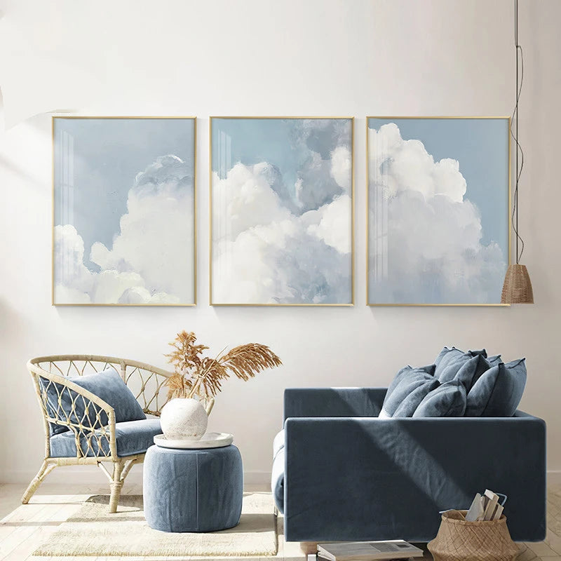 toile d'art moderne minimaliste nuages abstrait bleu clair blanc rose pâle sans cadre