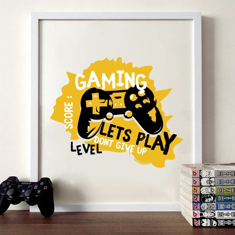 L'image montre un contrôleur de jeu noir avec le texte "Gaming, let's play, don't give up, level up" dans un style d'art graphique jaune et noir. Cette image symbolise la passion pour les jeux vidéo et l'esprit de ne pas abandonner face aux défis.