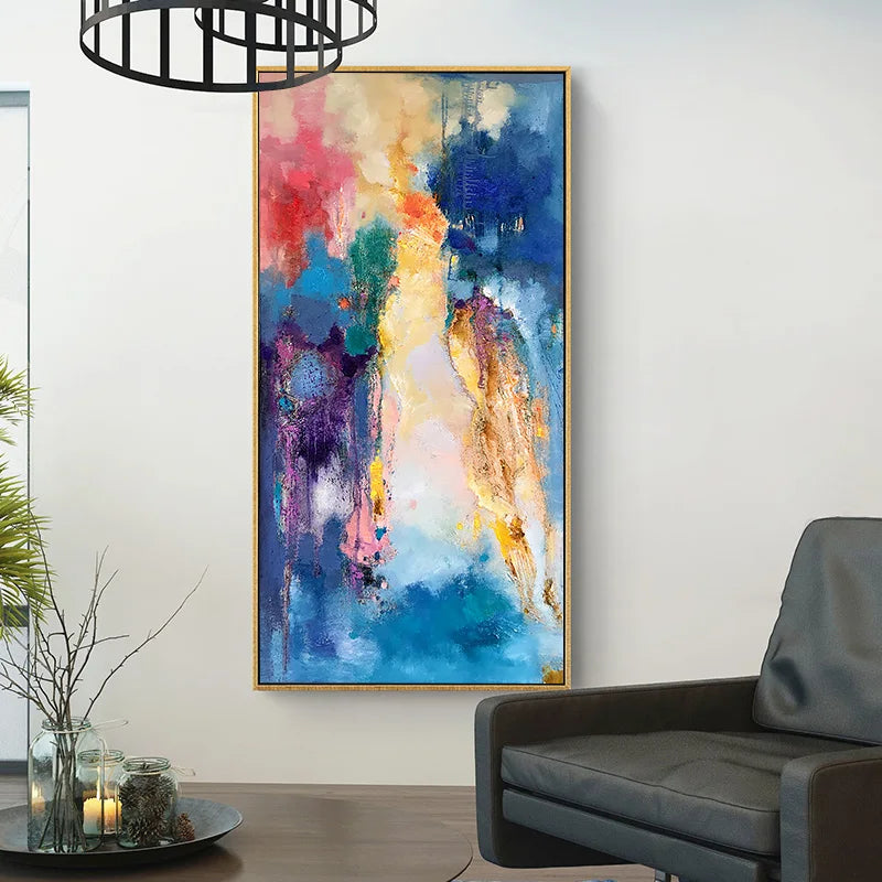 tableau abstrait moderne peintures murales peintes main couleurs vives toile dorée bleu rose vert