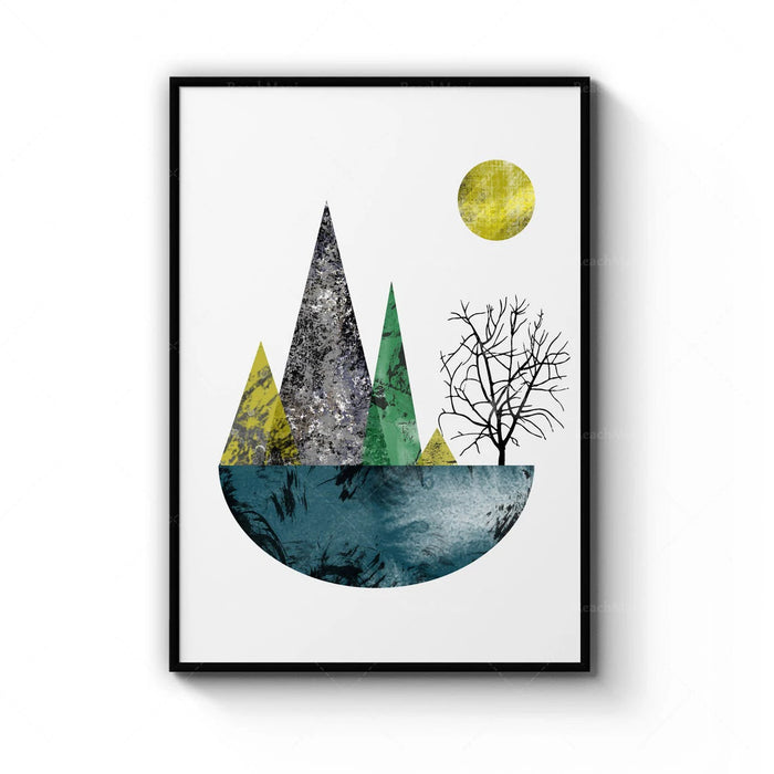 toile d'art paysage abstrait moderne minimaliste montagnes arbres soleil eau blanc gris vert bleu