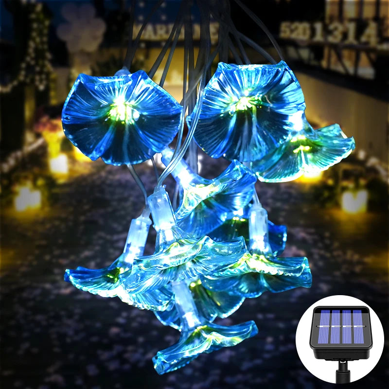 guirlande solaire 10 led bleu clair vert fleurs stylisées moderne extérieure jardin piquet on