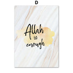 L'image présente une déclaration inspirante "Allah is enough" écrite sur un fond marbré.