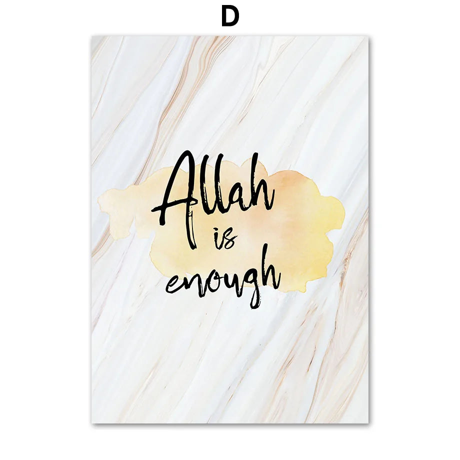 L'image présente une déclaration inspirante "Allah is enough" écrite sur un fond marbré.