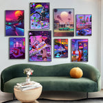 Un mur animé de couleurs vives et de motifs rétro-futuristes crée une atmosphère de style 80s, captivante et unique, dans cette décoration de pièce.