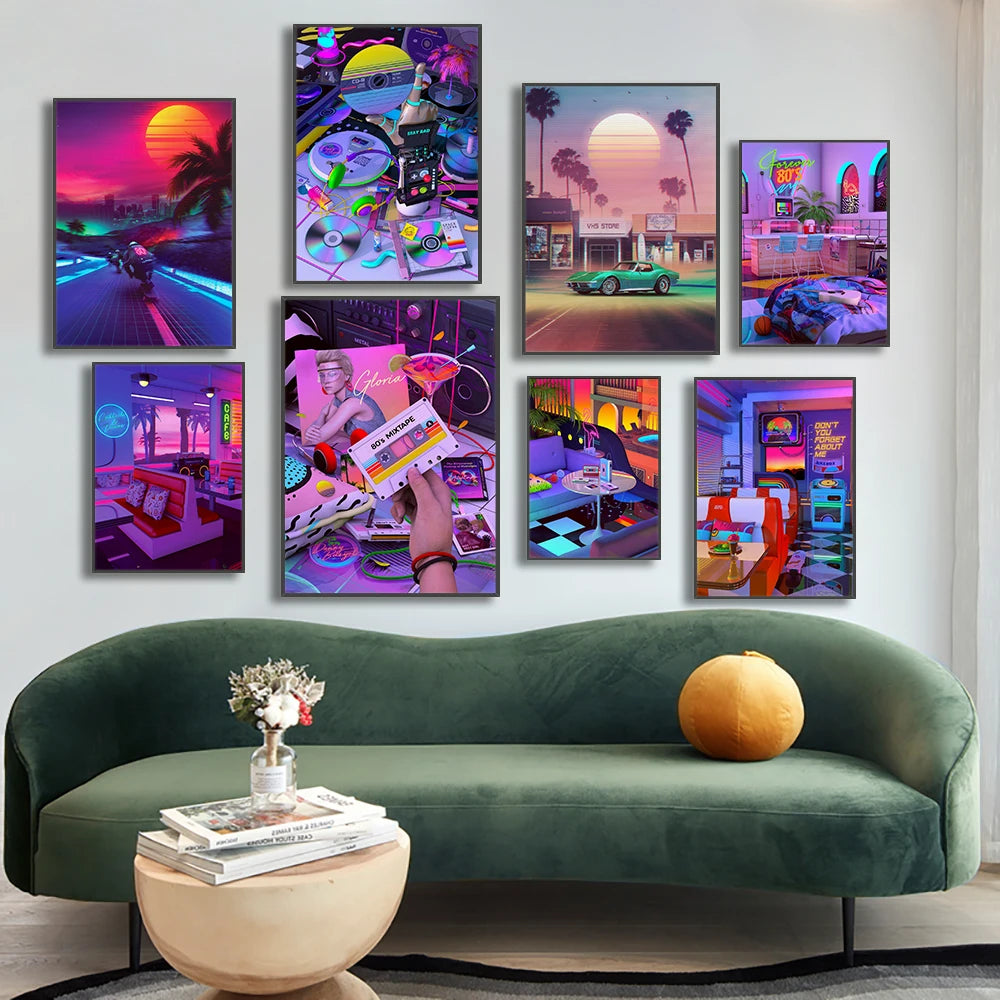 Un mur animé de couleurs vives et de motifs rétro-futuristes crée une atmosphère de style 80s, captivante et unique, dans cette décoration de pièce.