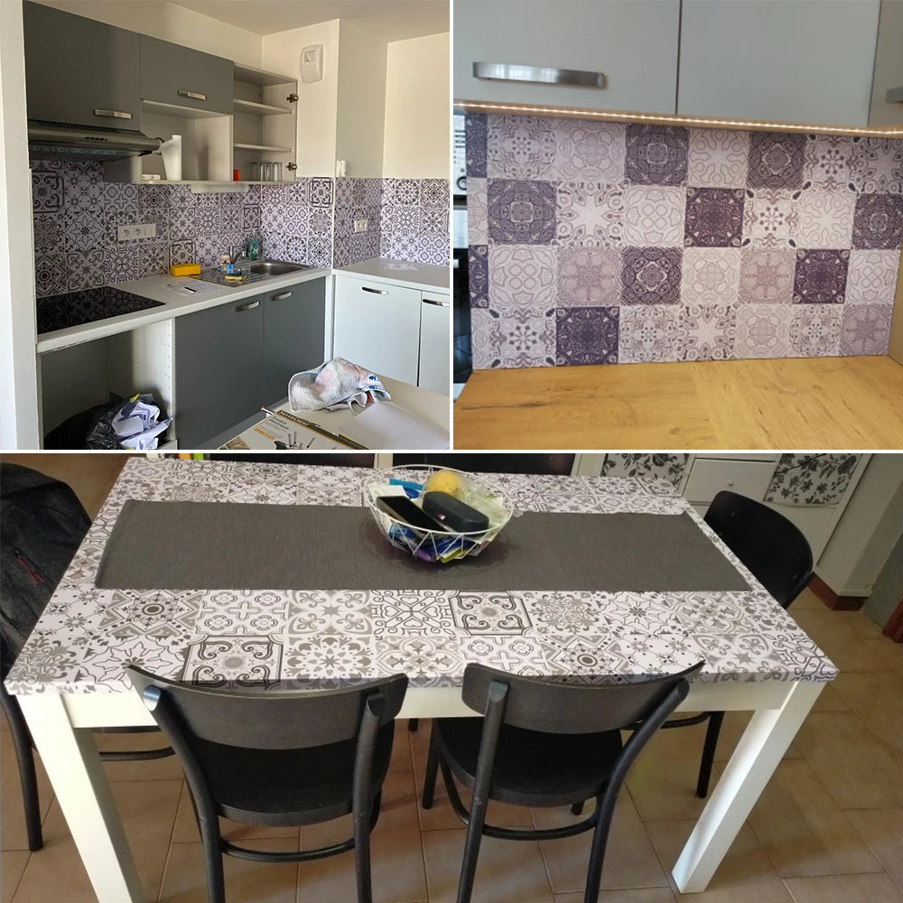 Autocollants appliqués en motif géométrique sur carrelage de cuisine