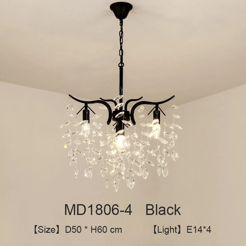 lustre moderne cristal K9 doré noir ampoules LED branches stylisées transparentes salon mariage
