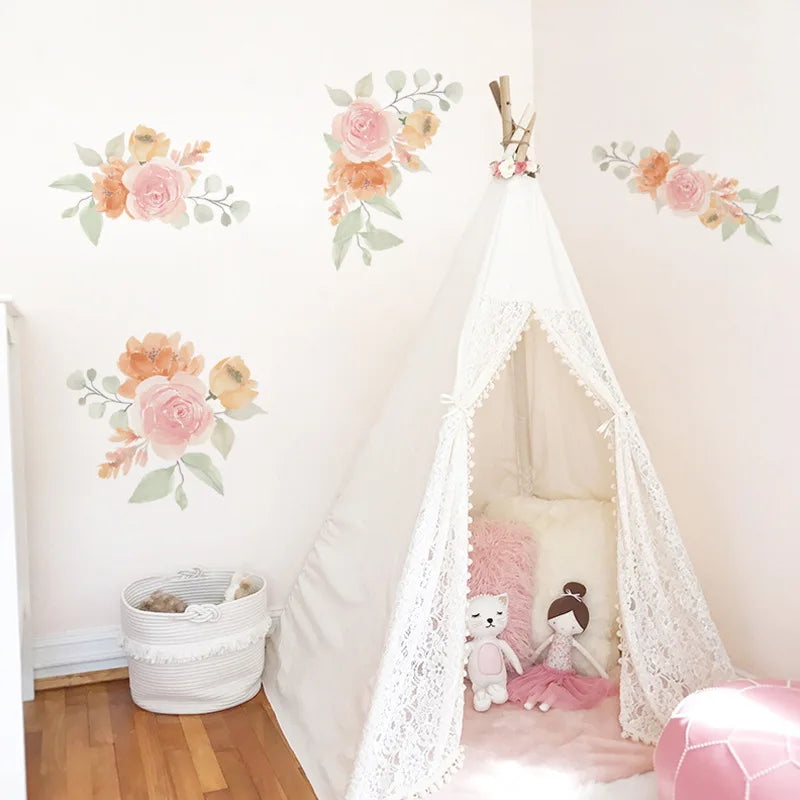 stickers muraux fleurs watercolor rose beige vert clair autoadhésifs intérieur décoration florale chambre salon