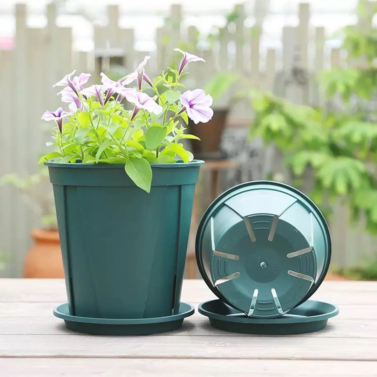 pots fleurs plastique vert moderne soucoupe cannelée taille moyenne balconintérieur