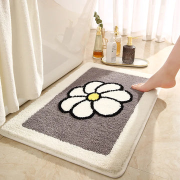 tapis bain doux fleur sunflower gris blanc moderne antidérapant respectueux environnement machine laver