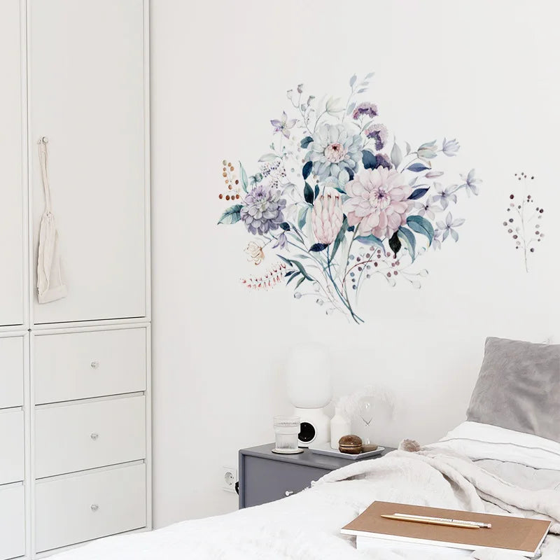 sticker mural aquarelle fleurs plantes moderne salon chambre décoration intérieure opaque