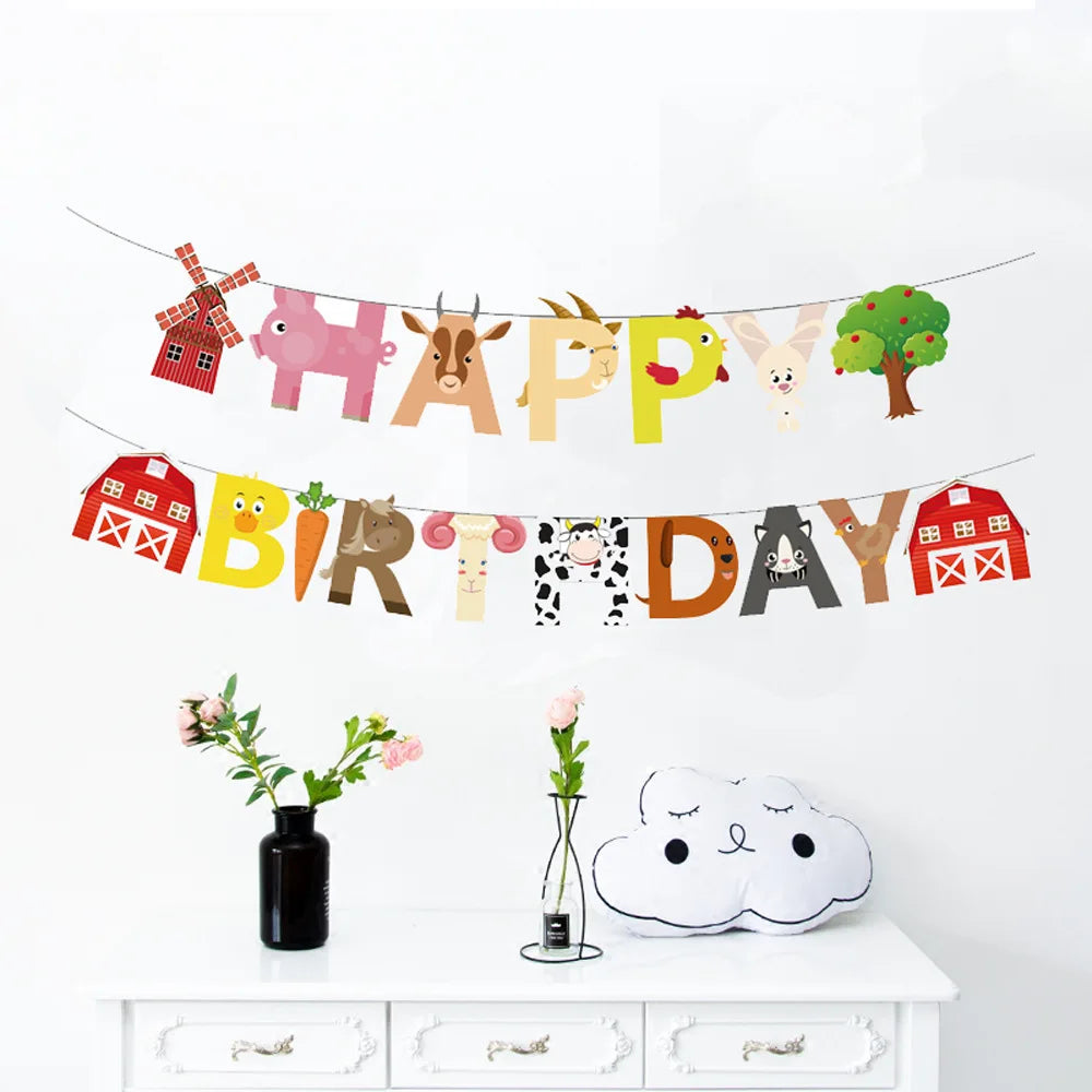 guirlande lettres happy birthday animaux motifs éolienne arbre grange fête enfant multicolore cartoon