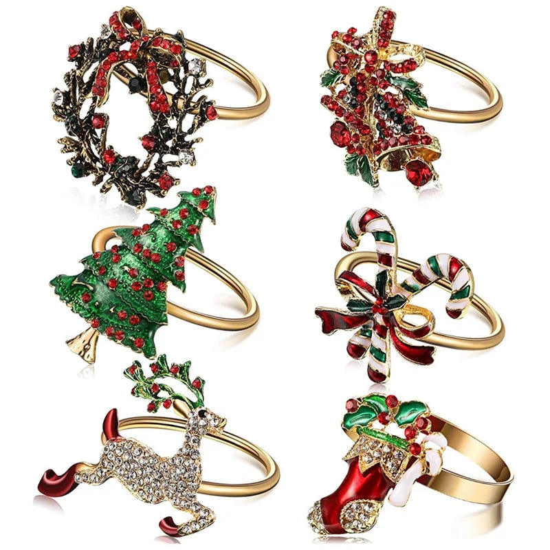 anneaux serviette noel or rouge vert blanc motifs guirlande cloche arbre rennes festive