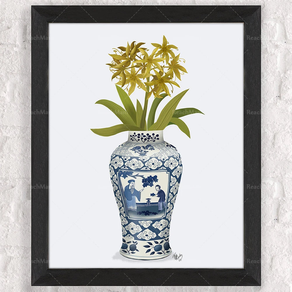 Un bouquet de fleurs jaunes dans un vase bleu et blanc orné de motifs floraux.