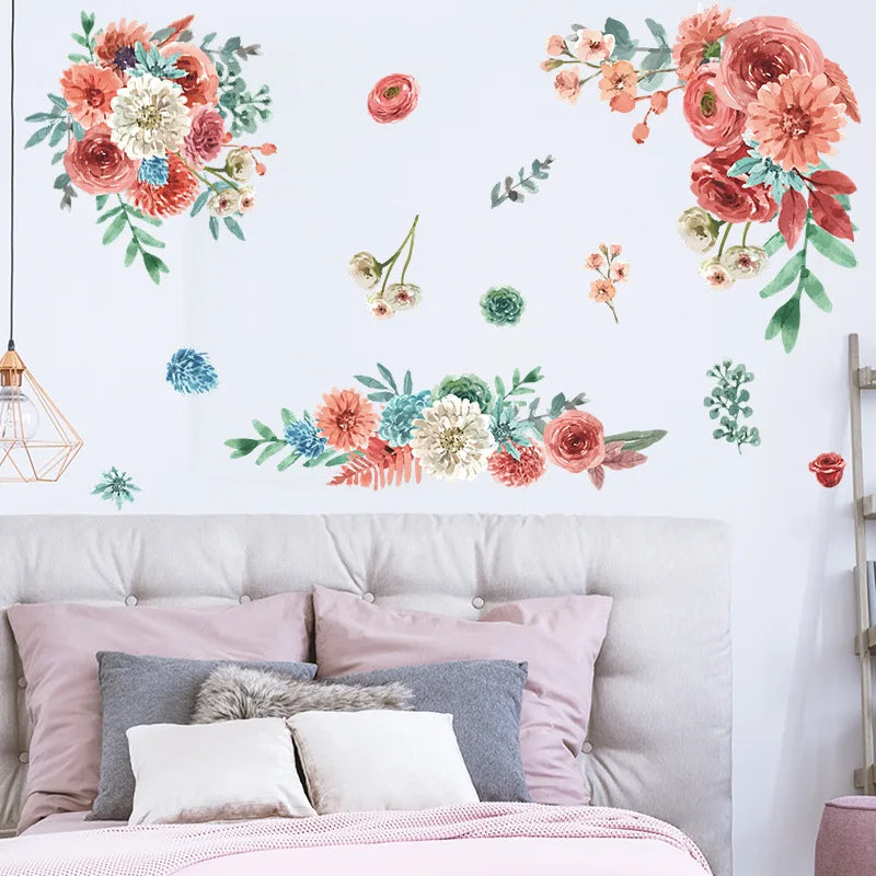sticker mural fleurs art floral adhésif rose blanc vert bleu 30cm 90cm 68cm 50cm