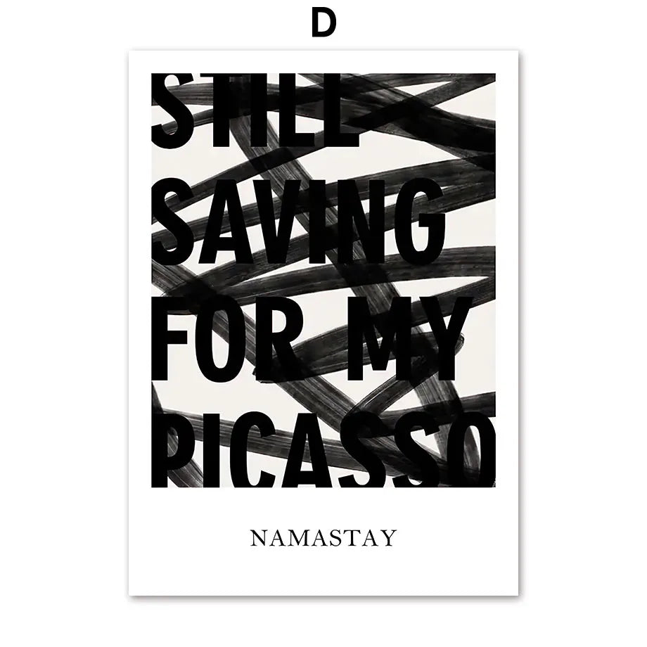 Affiche minimaliste en noir et blanc avec des phrases et motifs abstraits.