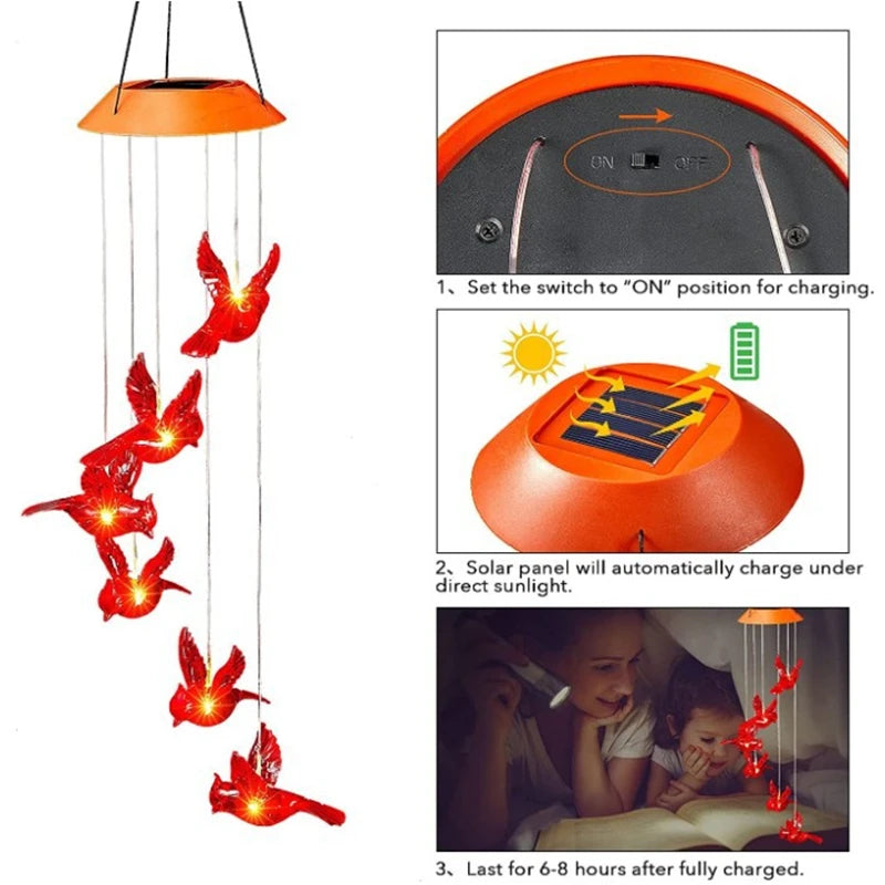 Mobile lumineux solaire oiseaux stylisés couleurs vives moderne extérieur LED changeantes
