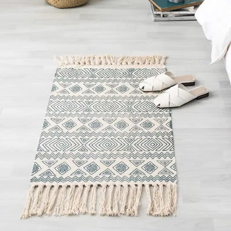 tapis géométrique boho beige noir triangles losanges antidérapant lavage machine main chambre salon prière