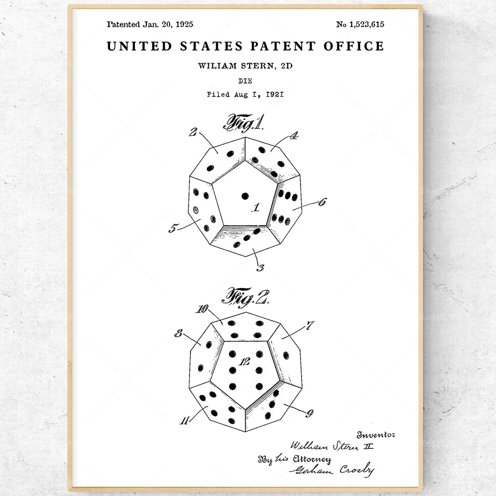 Le brevet de jeu de dés hexaédrique avec une illustration détaillée présente un intérêt pour les amateurs de jeux vintage et de conception de jeux.
