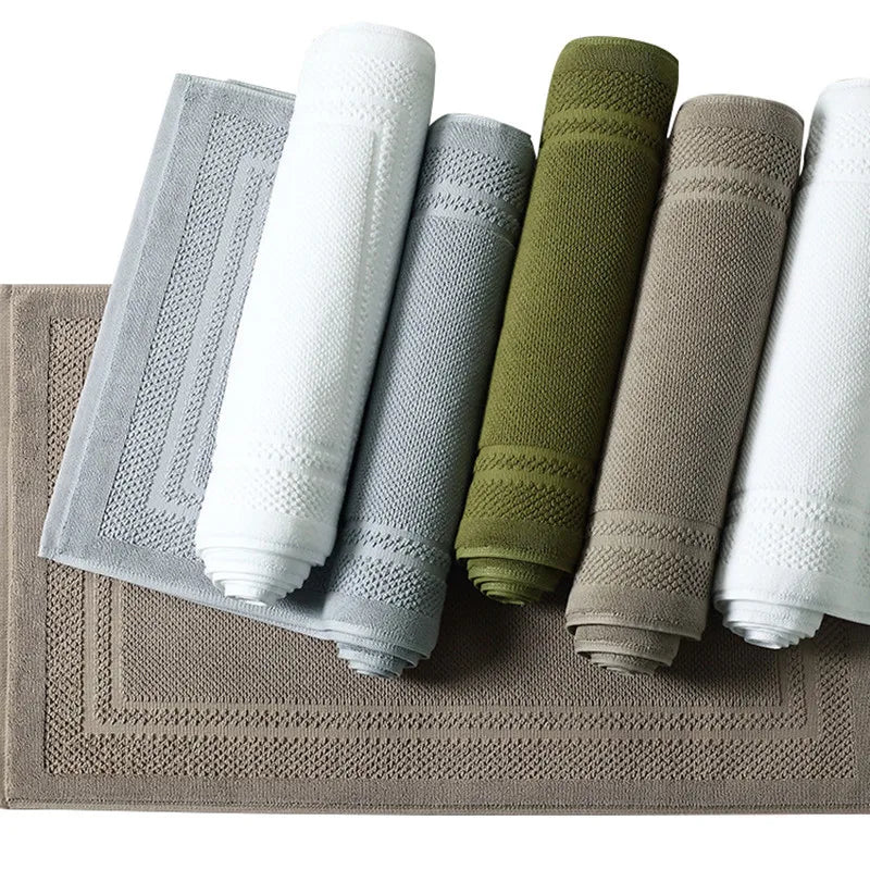 tapis bain coton gris blanc bleu olive bordure brodée absorption rapide antidérapant machine laver