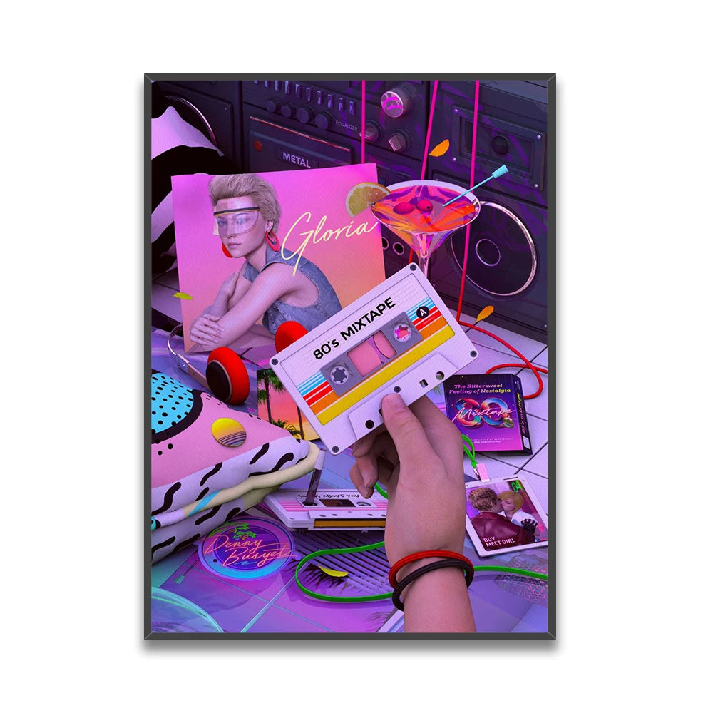 Une composition rétro aux tons violets et roses mettant en scène des éléments liés à la musique des années 80, notamment une cassette audio et un mixage musical.