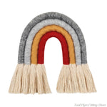 décoration murale arc ciel tissé franges boho chic marron beige bleu marine rose clair