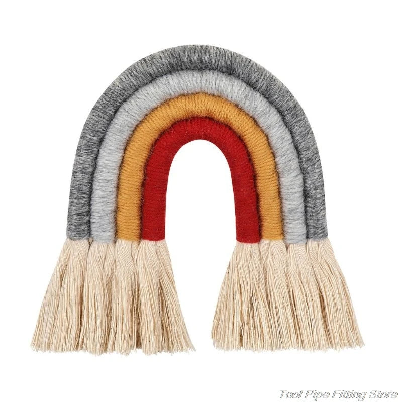 décoration murale arc ciel tissé franges boho chic marron beige bleu marine rose clair