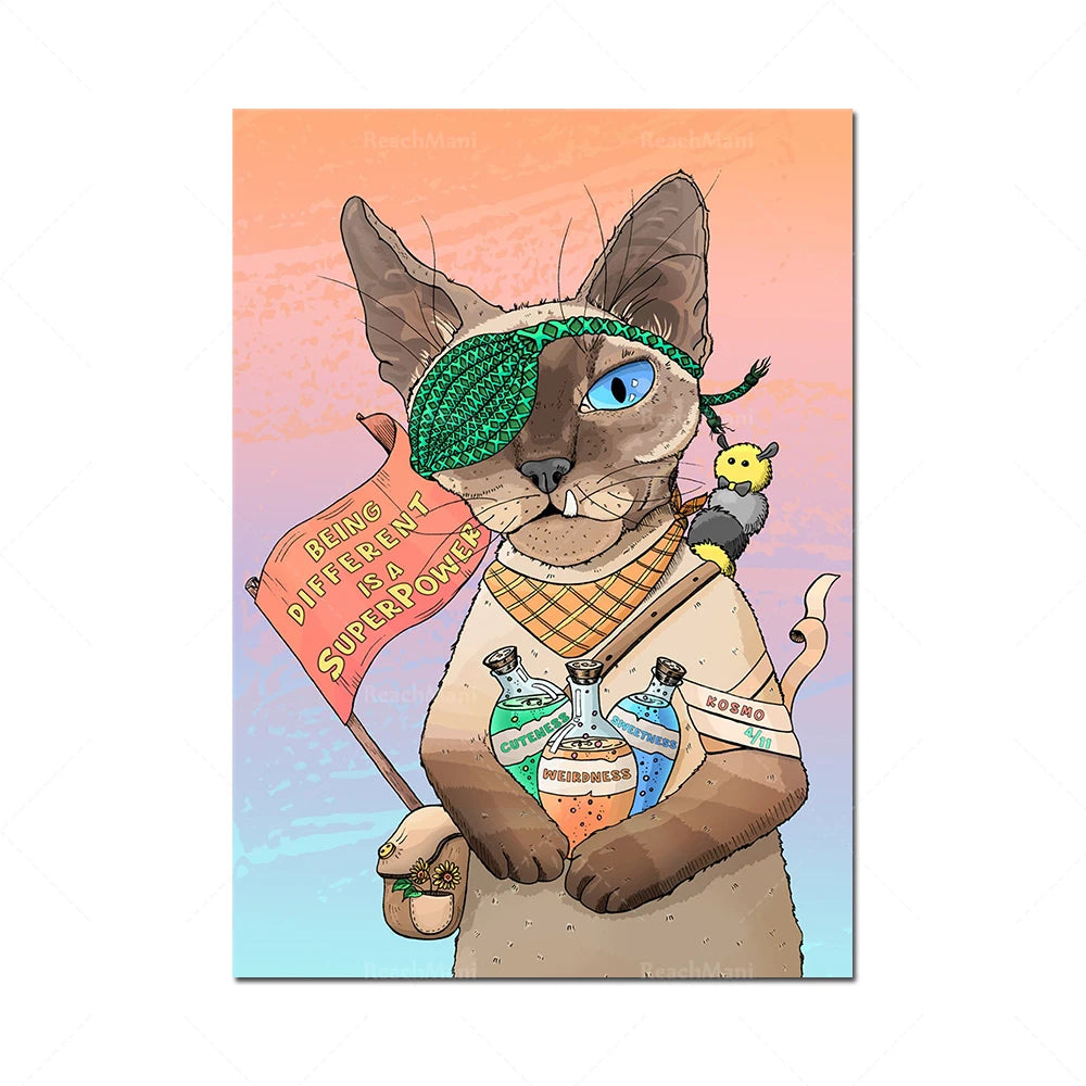 Un chat siamois fantaisiste portant un chapeau et tenant des bouteilles de boissons magiques semble faire la promotion de ses pouvoirs surnaturels.