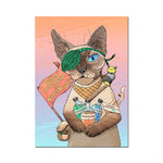 Un chat siamois fantaisiste portant un chapeau et tenant des bouteilles de boissons magiques semble faire la promotion de ses pouvoirs surnaturels.