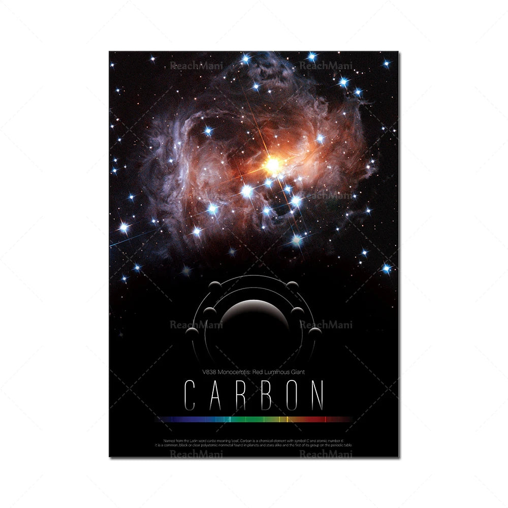 Une image magnifique d'une nébuleuse cosmique éclatante, avec un fond étoilé sombre et un élément graphique en forme de cercle au premier plan, évoquant le carbone, élément essentiel à la vie.
