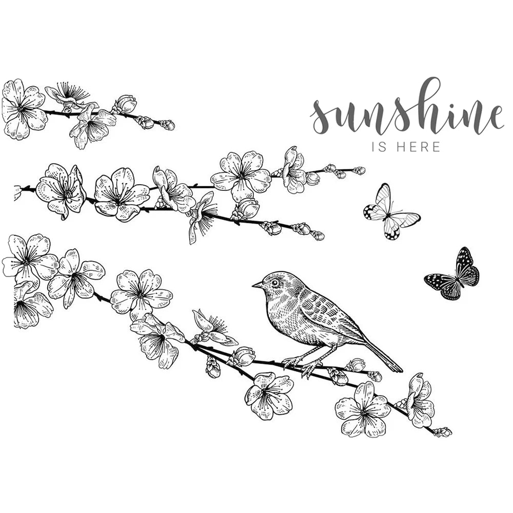timbres décoratifs oiseaux fleurs calligraphie noir blanc bleu clair 100x150mmscrição floral illustration artisanale scrapbooking
