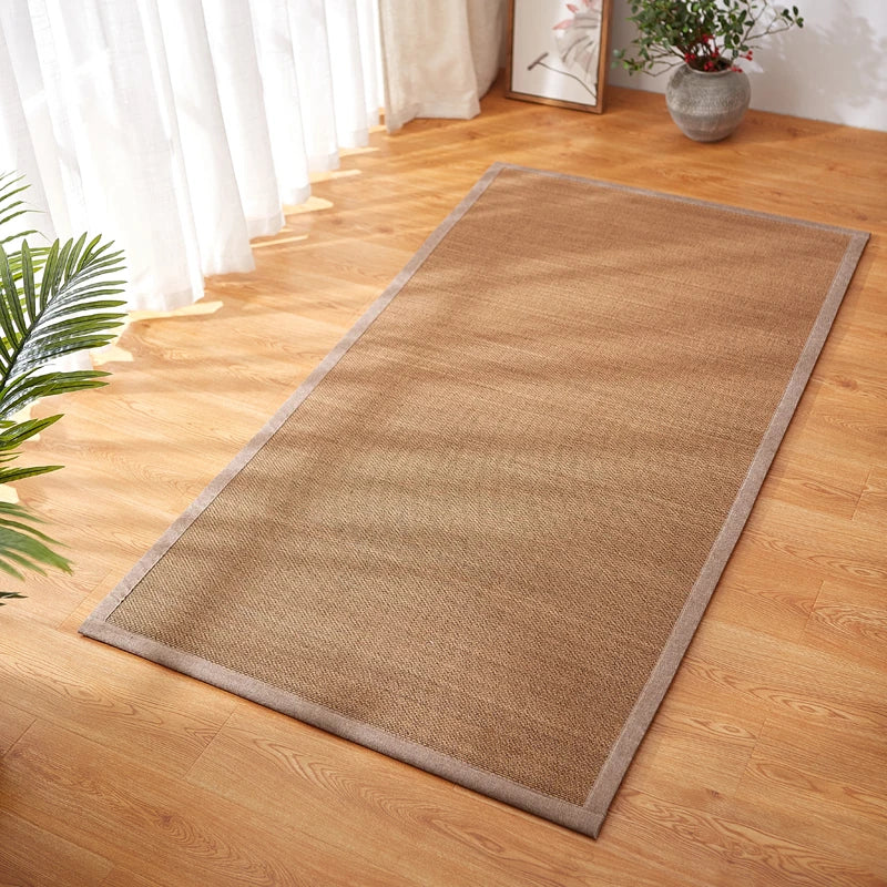 tapis fibre bambou moderne beige clair foncé tissage bordure contrastée salon maison
