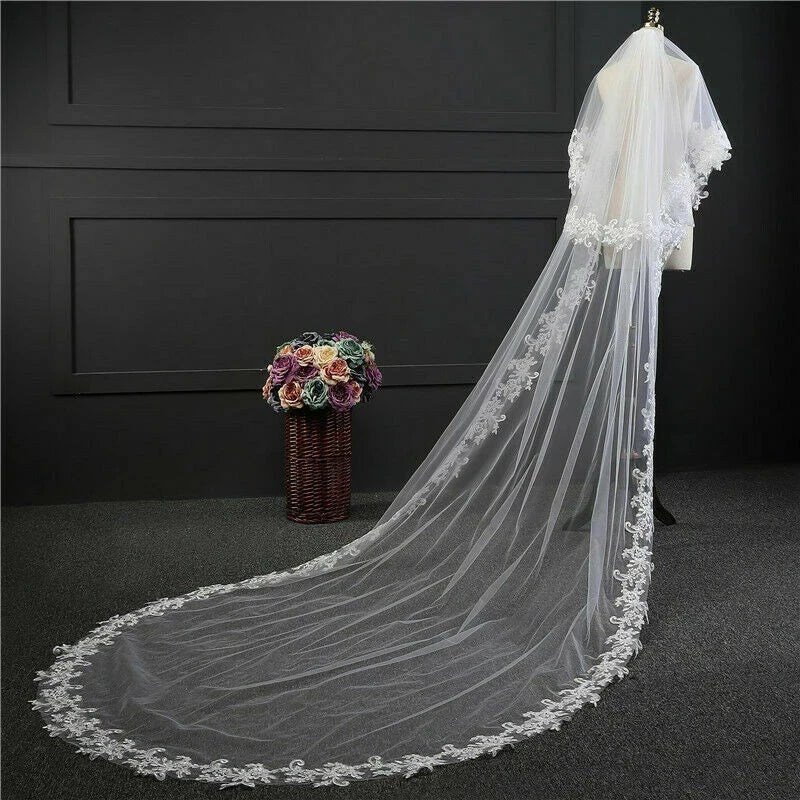 voile mariée deux couches blanc crème broderie florale clips métalliques dentelle classique mantille dentelle
