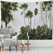 tapisserie murale verte palmiers tropical bohème coussins citrons lampessuspendues feuillessemitransparentes decorationmurale