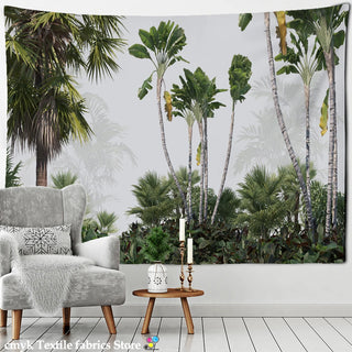 tapisserie murale verte palmiers tropical bohème coussins citrons lampessuspendues feuillessemitransparentes decorationmurale
