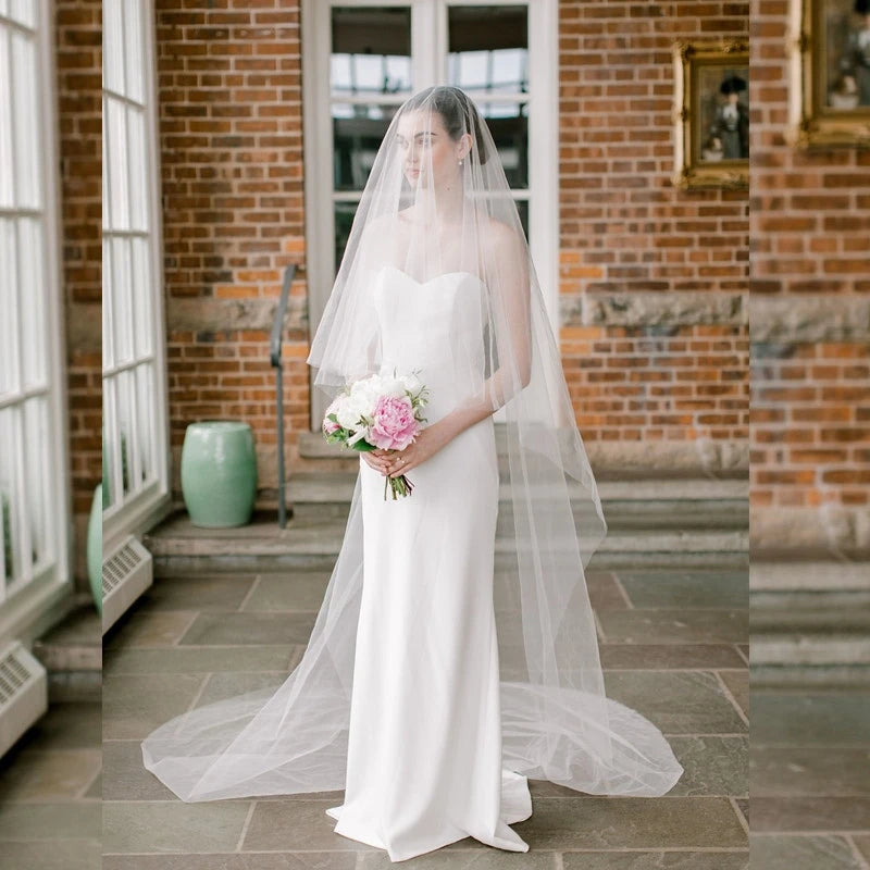 voile mariée blanc peigne métallique double couche bord coupé transparent élégant soirée