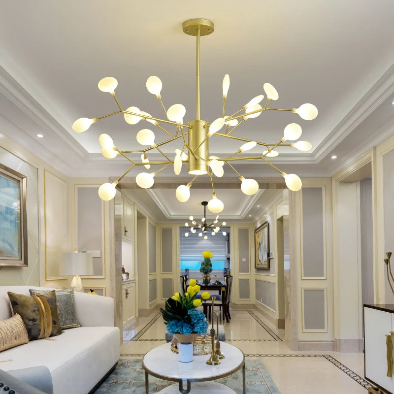 lustre suspension moderne branches or boules verre transparent éclairage salon salle manger chambre
